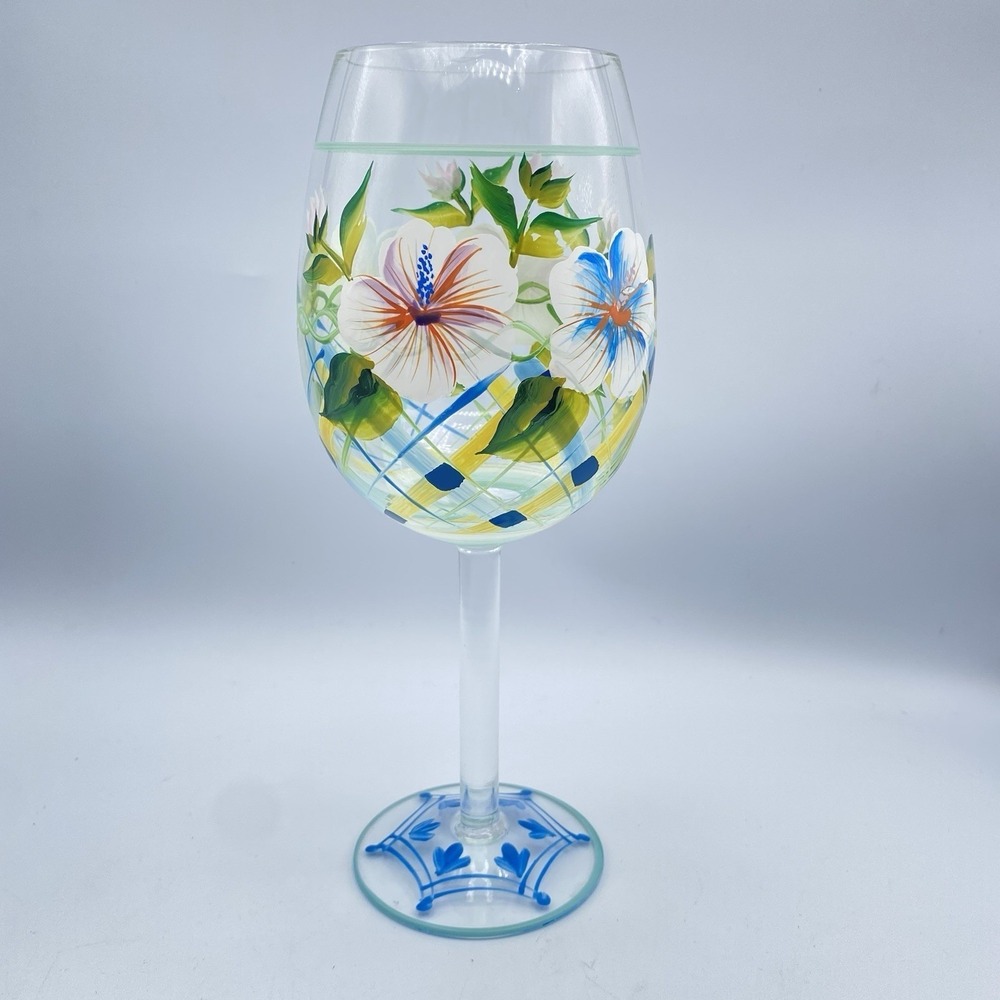 Hand Painted Hibiscus Flower Floral Wine Glass Blue Green White Yellow